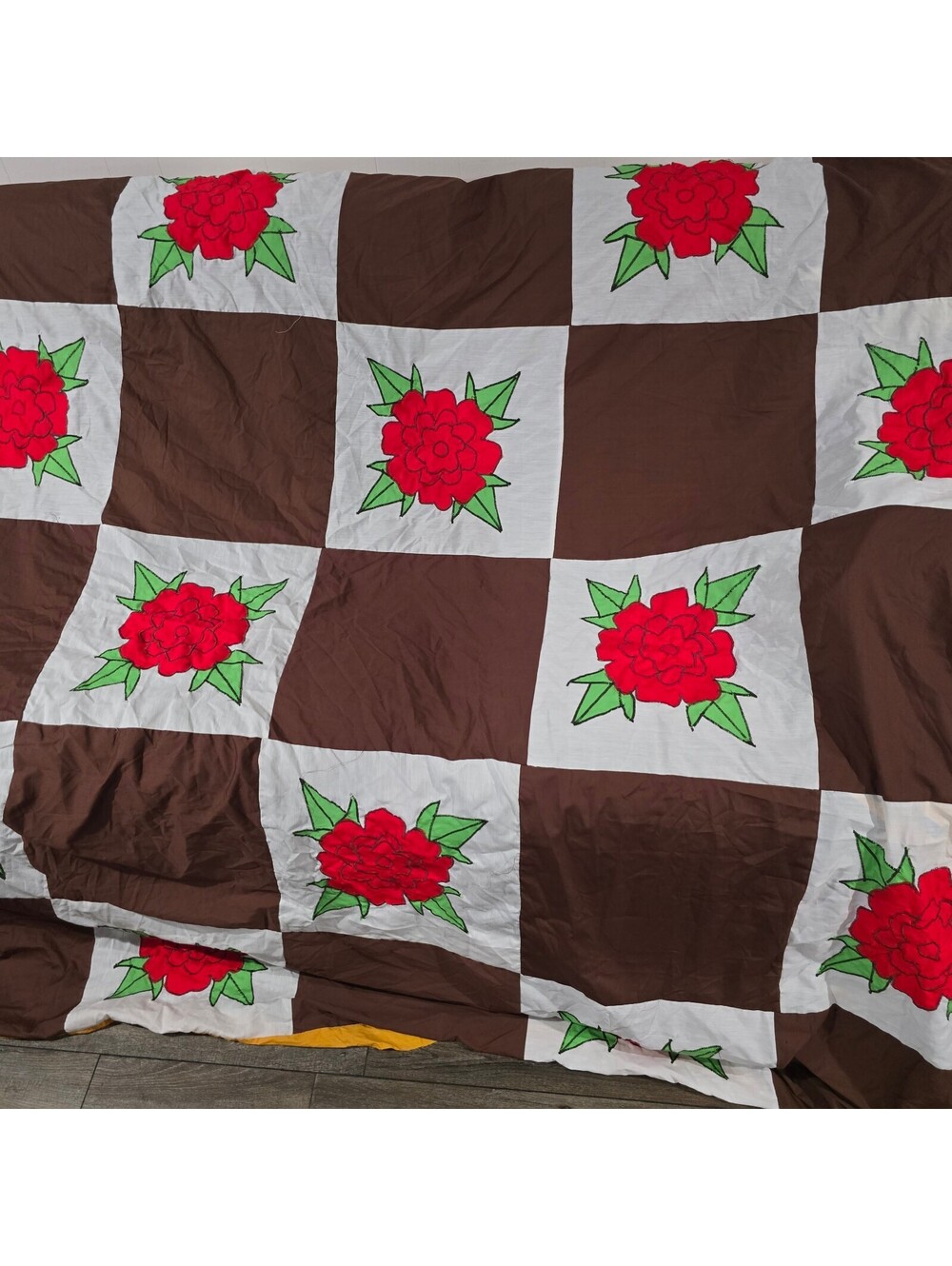 Vintage Handmade Chocolate Patchwork Quilt TOP with Red Floral Design